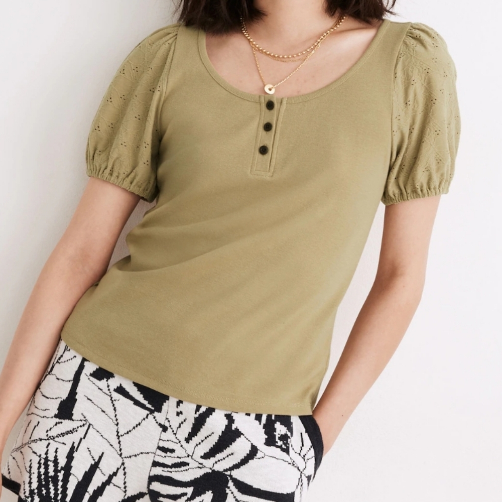 Madewell Eyelet Sleeve Henley Top Size S Ash Green - Picture 1 of 10
